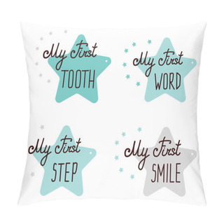 Personality  Cute Baby Milestone Cards. For Monthly Picture Cards And Baby Shower Gift. Adorable Collection With Quotes My First Step Word Smile Step. Isolated On White. Blue Stars. Hand Drawn Lettering. Pillow Covers
