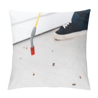 Personality  Cropped View Of Exterminator Holding Toxic Spray Near Insects On Floor Pillow Covers