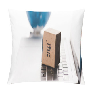 Personality  Panoramic Shot Of Toy Box On Laptop Keyboard Near Globe Isolated On White, E-commerce Concept Pillow Covers