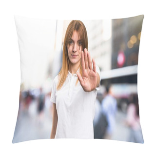 Personality  Beautiful Young Girl Making Stop Sign On Unfocused Background Pillow Covers