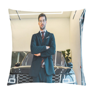 Personality  Low Angle View Of Businessman In Eyeglasses Posing With Crossed Arms Near Black Automobile Pillow Covers