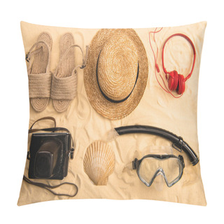 Personality  Top View Of Summer Accessories, Swimming Mask With Snorkel, Headphones And Film Camera On Sand Pillow Covers