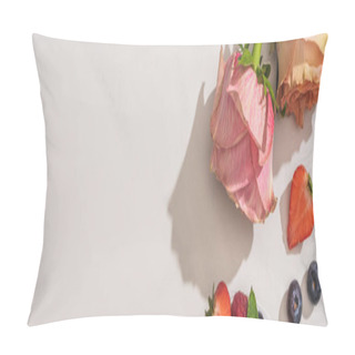 Personality  Top View Of Delicious Berries And Roses On White Background, Panoramic Shot Pillow Covers