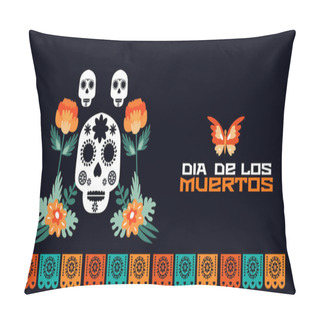 Personality  Day Of The Dead,  Dia De Los Muertos  Mexican Halloween Tradition Festival Web-banner, Poster With Calavea La Catrina, Sugar  Skulls,  Garland Paper Cutting Flags, Maracas, Guitar, Sombrero And  Marigold Flowers Vector Pillow Covers