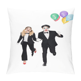 Personality  Cheerful Couple Of Clowns Running With Helium Balloons Isolated On White  Pillow Covers
