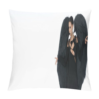Personality  Demonic Beauty, Woman In Costume Of Black Winged Creature Posing On White Backdrop, Banner Pillow Covers