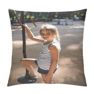 Personality  Little Girl Swing On Disk Swing In Playground At Sunny Summer Day  Pillow Covers