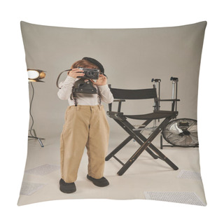 Personality  Boy In Beret Captures The Moment On Retro Camera Near Director Chair, Young Photographer In Studio Pillow Covers