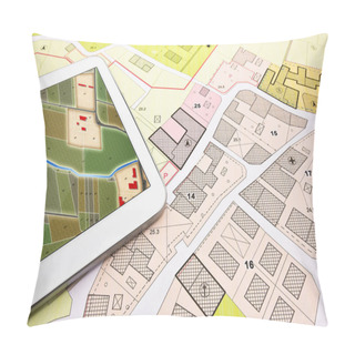 Personality  Buildings Permit Concept With Imaginary Cadastral On Digital Tablet - Building Activity And Construction Industry With General Urban Plan Pillow Covers
