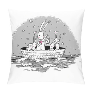 Personality  Cute Little Hares And Hedgehog Floating In A Boat On The River. Pillow Covers