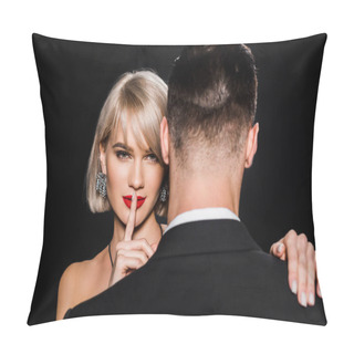 Personality  Beautiful Blonde Woman Showing Silence Symbol While Standing With Boyfriend Isolated On Black Pillow Covers