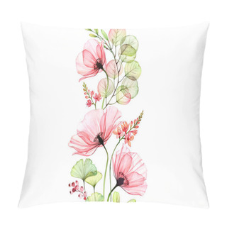 Personality  Watercolor Poppy Seamless Border. Vertical Repetitive Pattern. Abstract Pink Flowers With Leaves And Fresia Branches On White. Botanical Illustration For Cards, Wedding Design Pillow Covers
