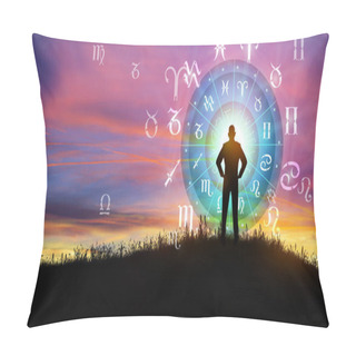 Personality  Astrological Zodiac Signs Inside Of Horoscope Circle. Illustration Of Man Silhouette Consulting The Sun Over The Zodiac Wheel And Sunrise Background. The Power Of The Universe Concept. Pillow Covers