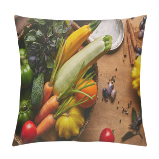 Personality  Basket Filled With Farm Vegetables On Wooden Table Pillow Covers