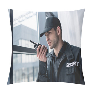 Personality  Cropped View Of Guard In Uniform Talking On Walkie-talkie And Looking Away Pillow Covers