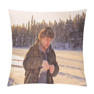 Personality  Fisherman On The Lake In A Winter Sunny Day.  Pillow Covers