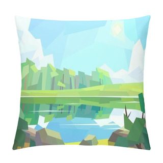 Personality  Low Poly Landscape Forest River Reflection Sun Cloud Rock Bush Vector Illustration Pillow Covers