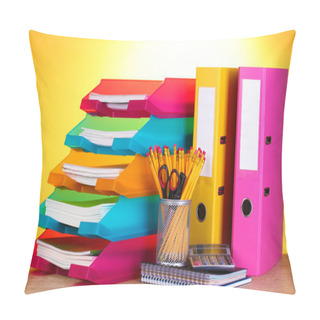 Personality  Bright Paper Trays And Stationery On Wooden Table On Yellow Background Pillow Covers