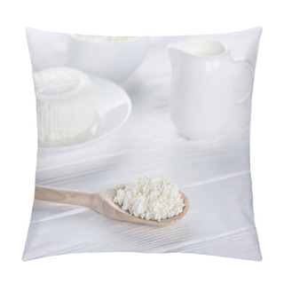 Personality  Close-up View Of Fresh Healthy Cottage Cheese In Wooden Spoon And Dairy Products On Table Pillow Covers