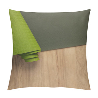 Personality  Top View Of Green Yoga Mat On Wooden Brown Floor Pillow Covers