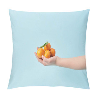 Personality  Cropped View Of Woman Holding Organic Tangerines In Hand Isolated On Blue  Pillow Covers