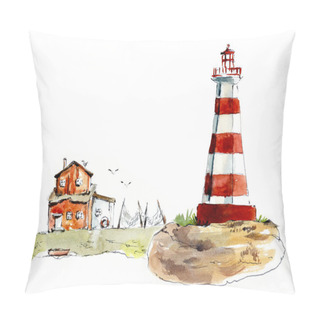Personality  The Red Beacon On The Island. Watercolor Hand Drawn Illustrations Pillow Covers