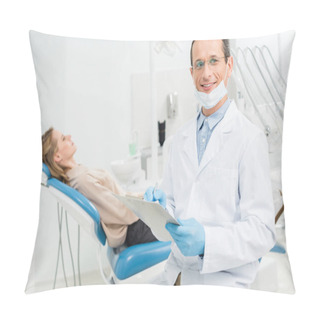 Personality  Doctor Filling Checklist About Female Patient Health In Modern Dental Clinic Pillow Covers