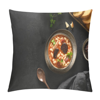 Personality  Spanish Asturiana Fabada With Chorizo And Morcilla On Black Background. Pillow Covers