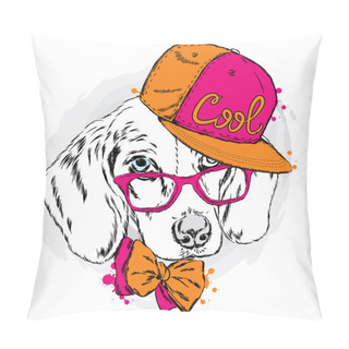 Personality  Cool Dog In Cap And Glasses. Cute Puppy. Pillow Covers