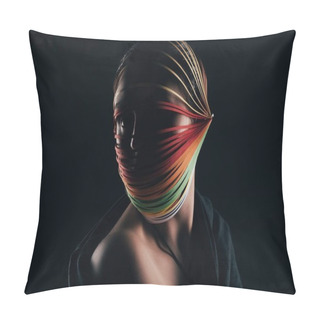 Personality  Woman With Colored Quilling Paper On Head Looking Away Isolated On Black Pillow Covers