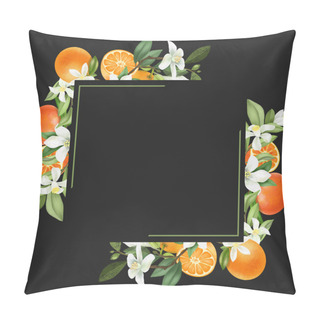 Personality  Frame Of Hand Drawn Blooming Mandarin Tree Branches, Mandarin Flowers And Mandarins, Isolated Illustration On A Dark Background Pillow Covers