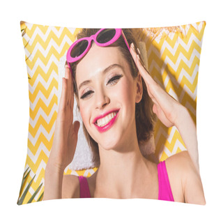 Personality  Top View Of Stunning Girl In Pink Sunglasses Laughing While Lying On Zigzag Surface Pillow Covers