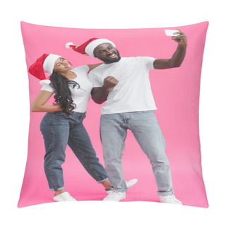 Personality  Young African American Man In Christmas Hat Showing Fist And Taking Selfie On Smartphone With Girlfriend On Pink Background Pillow Covers