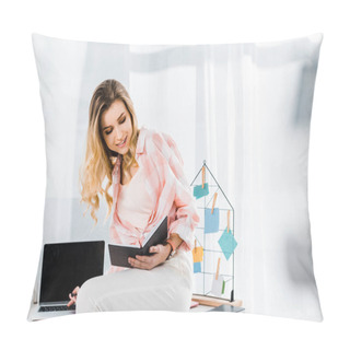 Personality  Charming Curly Woman Using Laptop And Reading Notes At Workplace Pillow Covers