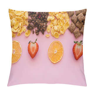 Personality  Top View Of Assorted Breakfast Cereal Corn Flakes And Crispy Granola Near Fruits Isolated On Pink  Pillow Covers