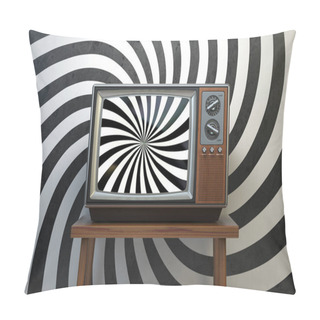 Personality  Propaganda And Brainwashing Of The Influential Mass Media Concept. Vintage TV Set With Hypnotic Spiral On The Screen. 3d Illustration Pillow Covers