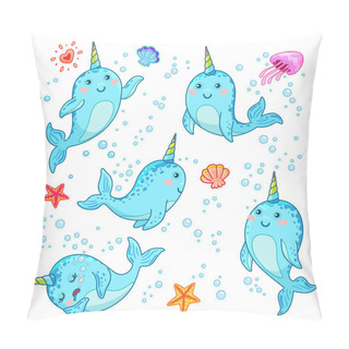Personality  Cute Cartoon Kawaii Narwhals With Rainbow Horn, Sea Unicorn Cute Illustration Pillow Covers