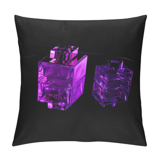 Personality  Purple Perfume Bottles On Mirror Dark Surface Isolated On Black Pillow Covers