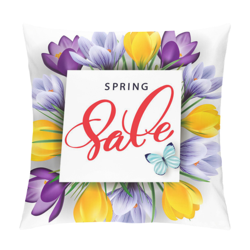Personality  Spring sale concept. Spring background with flowering crocuses.Template vector. pillow covers