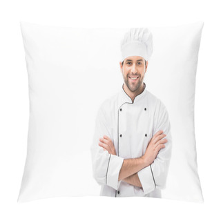 Personality  Smiling Young Chef With Crossed Arms Looking At Camera Isolated On White Pillow Covers