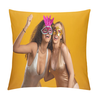 Personality  Beautiful Women Dressed For Carnival Night. Smiling Women Ready To Enjoy The Carnival With A Colorful Mask. Pillow Covers