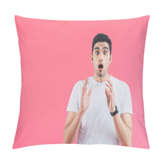 Personality  Shocked Handsome Man Gesturing And Looking At Camera Isolated On Pink Pillow Covers