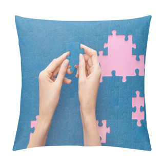 Personality  Cropped View Of Woman Holding Blue Jigsaw Puzzle On Pink Background Pillow Covers