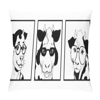 Personality  Cow With Glasses. Line Art. Logo Design For Use In Graphics. T-shirt Print, Tattoo Design. Minimalist Illustration For Printing On Wall Decorations. Pillow Covers