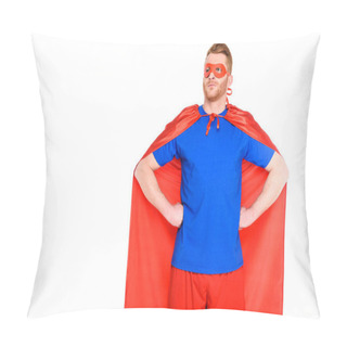 Personality  Handsome Man In Superhero Costume Standing With Hands On Waist And Looking Away Isolated On White Pillow Covers
