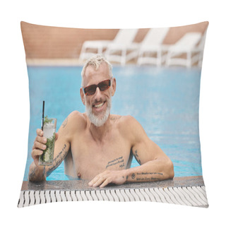 Personality  Shirtless And Tattooed Middle Aged Man In Sunglasses Holding Cocktail And Swimming In Pool, Retreat Pillow Covers