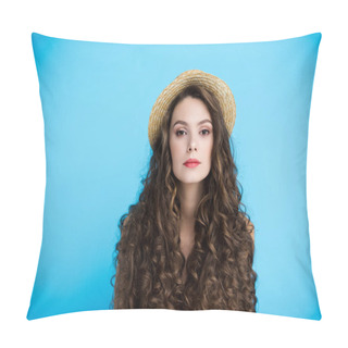 Personality  Beautiful Young Woman In Canotier Hat On Long Curly Hair Isolated On Blue Pillow Covers
