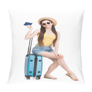 Personality  Pretty Smiling Girl With Passport, Air Ticket Sitting On Travel Bag, Isolated On White  Pillow Covers