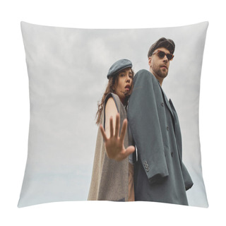 Personality  Low Angle View Of Fashionable Brunette Woman In Newsboy Cap And Vest Looking At Camera Near Boyfriend In Jacket And Sunglasses With Cloudy Sky At Background, Trendy Twosome In Rustic Setting Pillow Covers