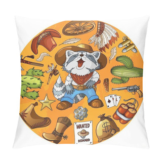 Personality  Cartoon Character Cowboy Raccoon Set Of Classic Western Items Round Design Print Pillow Covers